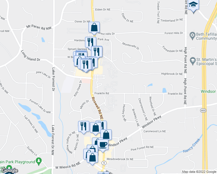 map of restaurants, bars, coffee shops, grocery stores, and more near 410 Summer Terrace Lane Northeast in Atlanta