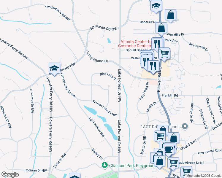 map of restaurants, bars, coffee shops, grocery stores, and more near 4835 Merlendale Court Northwest in Atlanta