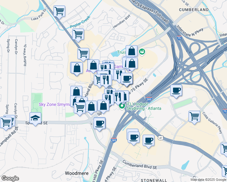 map of restaurants, bars, coffee shops, grocery stores, and more near 2750 Cobb Parkway Southeast in Smyrna