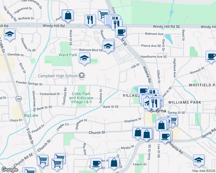 map of restaurants, bars, coffee shops, grocery stores, and more near 2703 Grady Street in Smyrna