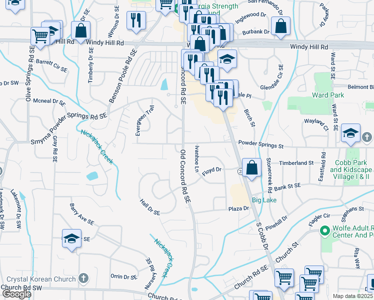 map of restaurants, bars, coffee shops, grocery stores, and more near 2721 Old Concord Road Southeast in Smyrna