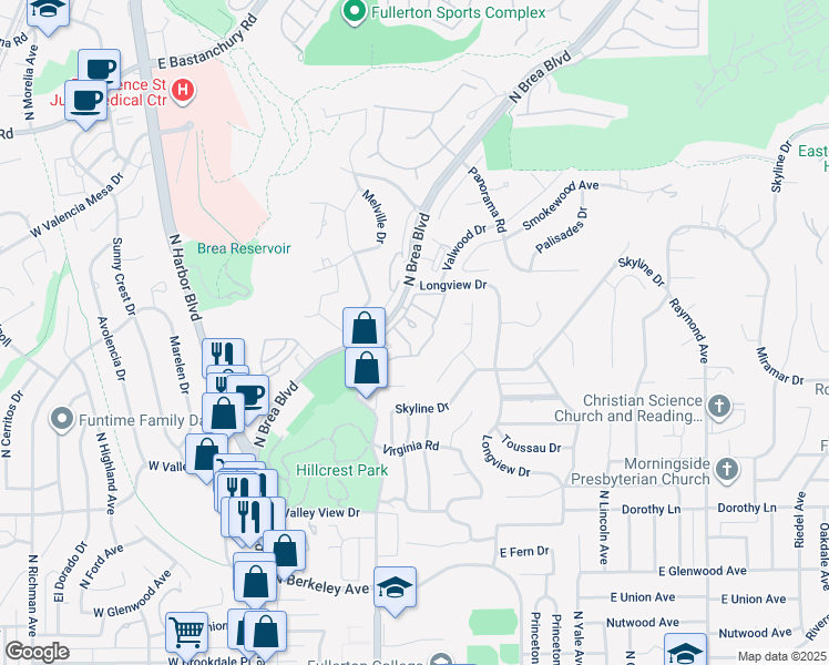 map of restaurants, bars, coffee shops, grocery stores, and more near 505 Shade Tree Lane in Fullerton