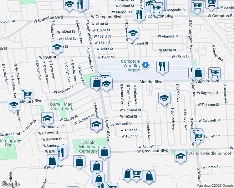 map of restaurants, bars, coffee shops, grocery stores, and more near 1713 West Reeve Street in Compton