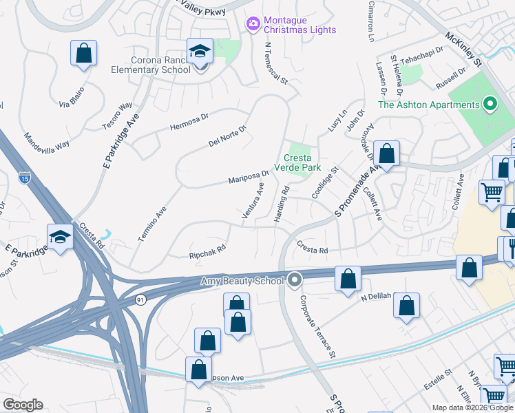 map of restaurants, bars, coffee shops, grocery stores, and more near 531 Ventura Avenue in Corona