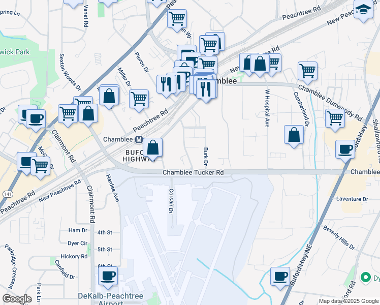 map of restaurants, bars, coffee shops, grocery stores, and more near 3311 Hood Avenue in Chamblee