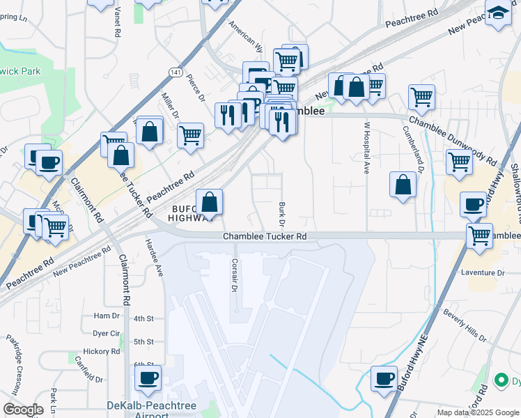 map of restaurants, bars, coffee shops, grocery stores, and more near 3311 Hood Avenue in Chamblee