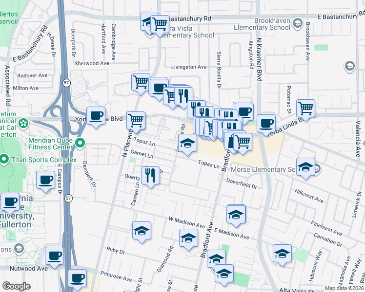 map of restaurants, bars, coffee shops, grocery stores, and more near 1708 Sapphire Road in Fullerton