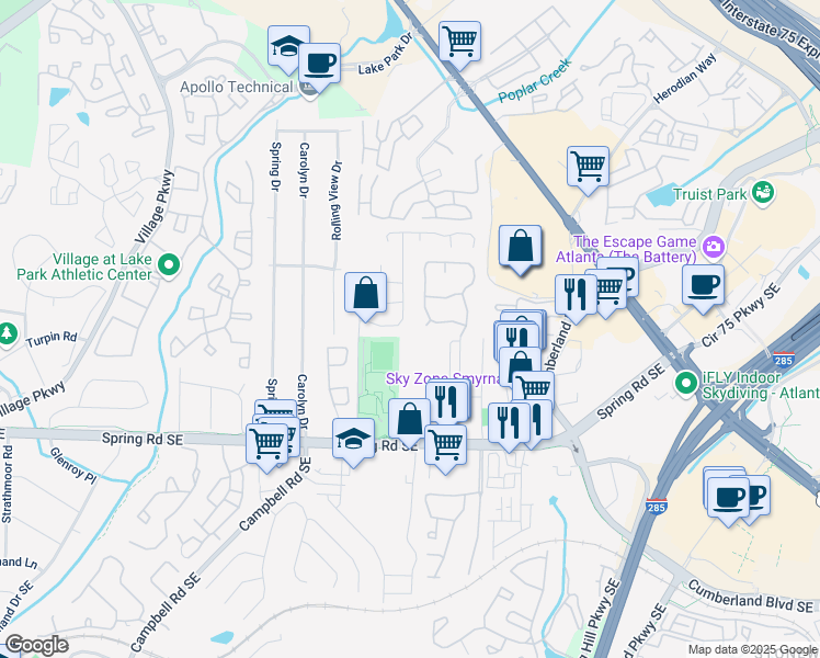 map of restaurants, bars, coffee shops, grocery stores, and more near 1200 Falling Water Drive in Smyrna