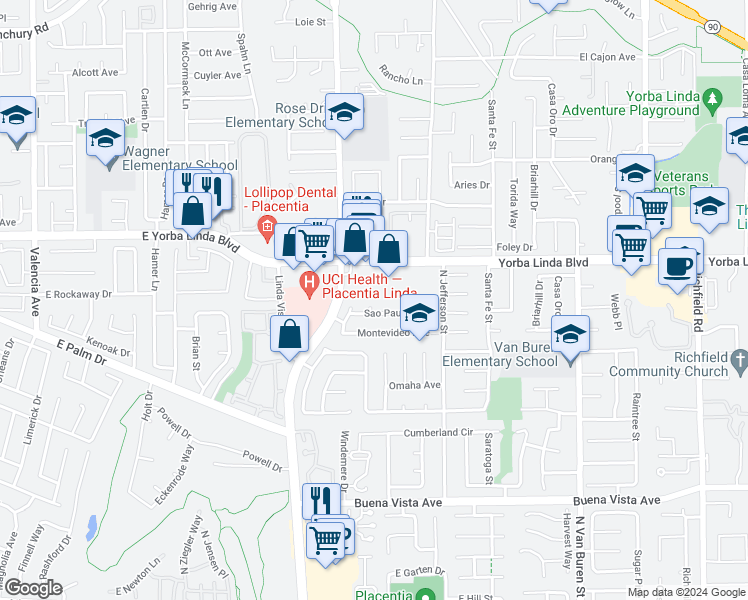 map of restaurants, bars, coffee shops, grocery stores, and more near 1283 Sao Paulo Circle in Placentia