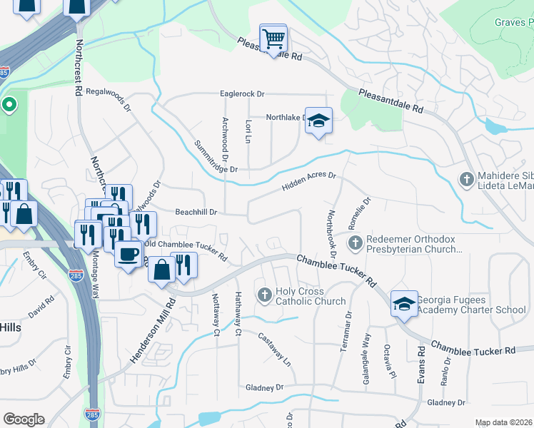 map of restaurants, bars, coffee shops, grocery stores, and more near 3389 Hidden Acres Drive in Doraville