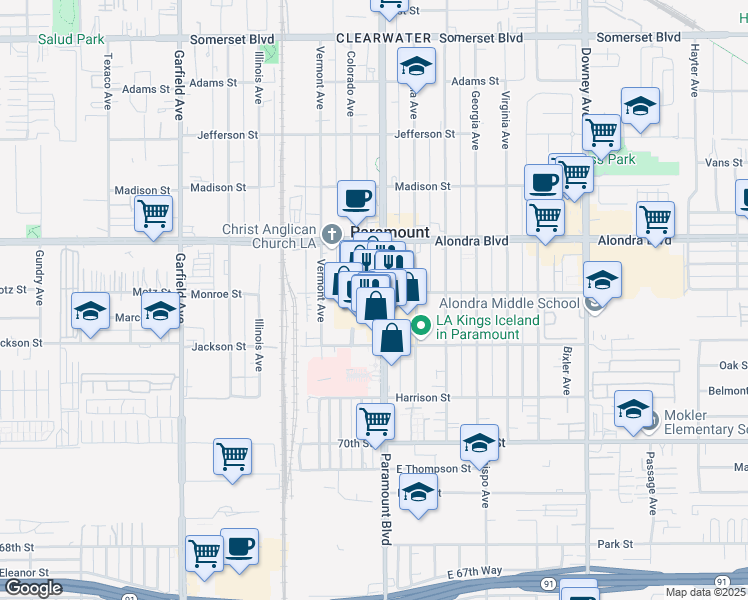 map of restaurants, bars, coffee shops, grocery stores, and more near 16269 Paramount Boulevard in Paramount