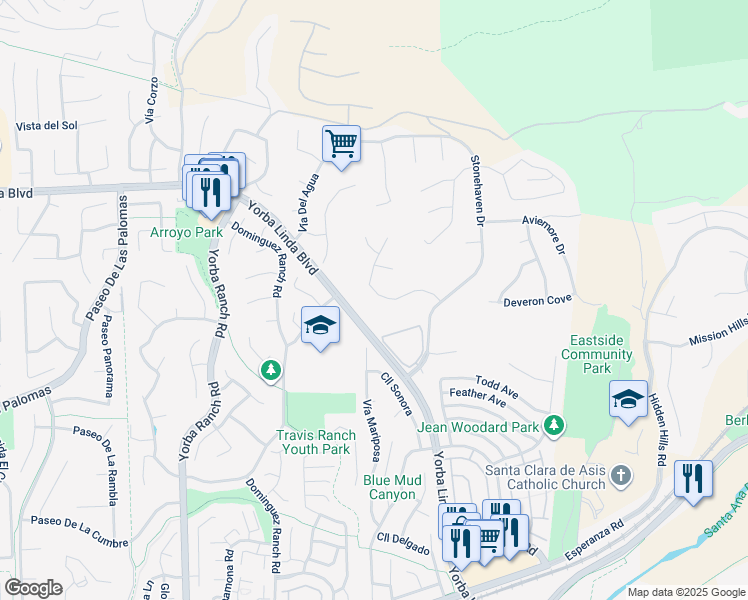 map of restaurants, bars, coffee shops, grocery stores, and more near 21630 Dunrobin Way in Yorba Linda