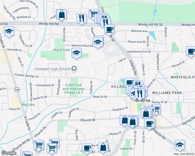 map of restaurants, bars, coffee shops, grocery stores, and more near 2703 Grady Street in Smyrna