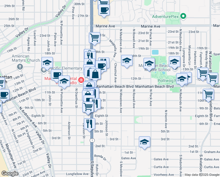 map of restaurants, bars, coffee shops, grocery stores, and more near 1200 Manhattan Beach Boulevard in Manhattan Beach