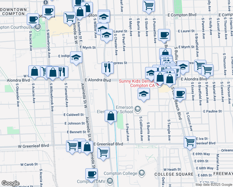 map of restaurants, bars, coffee shops, grocery stores, and more near 1017 South Chester Avenue in Compton