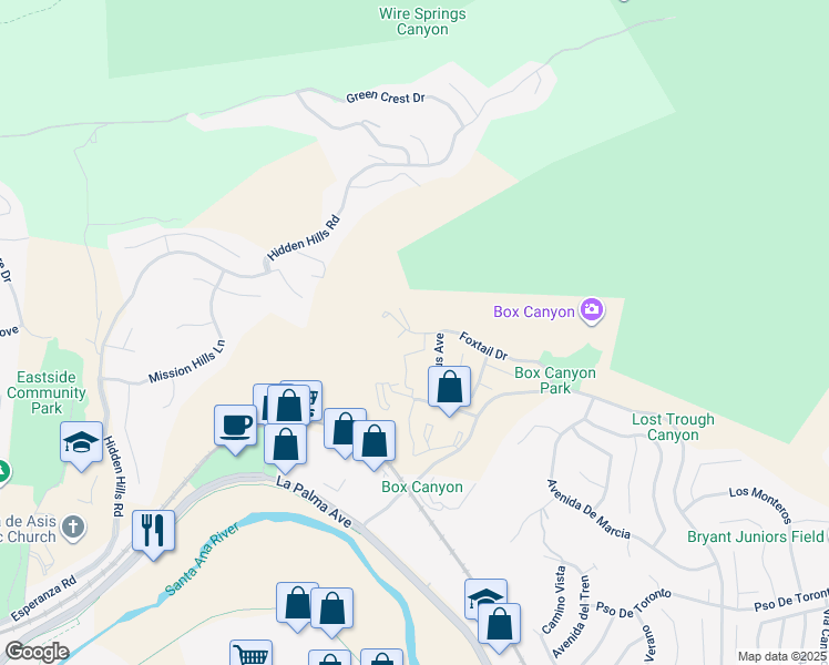 map of restaurants, bars, coffee shops, grocery stores, and more near 5055 Twilight Canyon Road in Yorba Linda