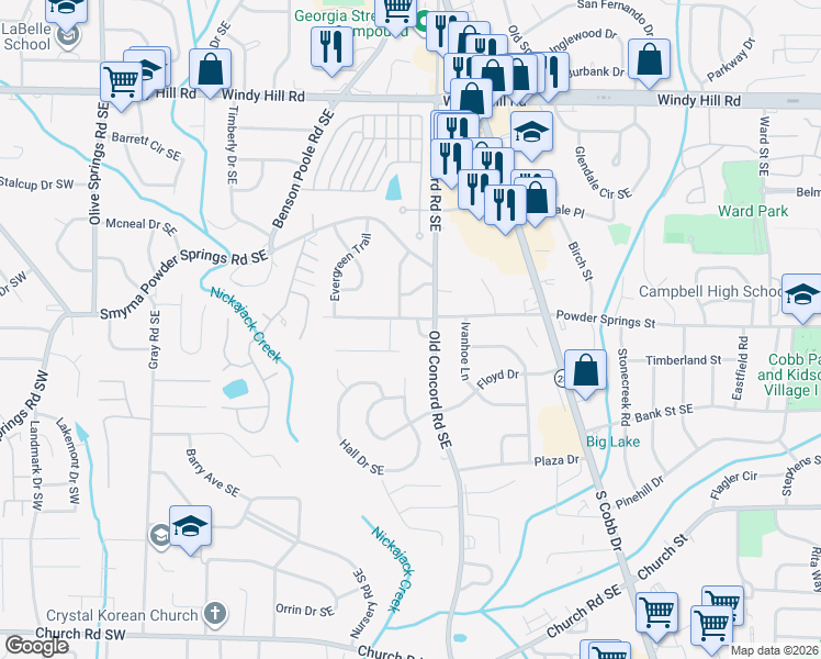 map of restaurants, bars, coffee shops, grocery stores, and more near 302 Hickory Springs Drive Southeast in Smyrna