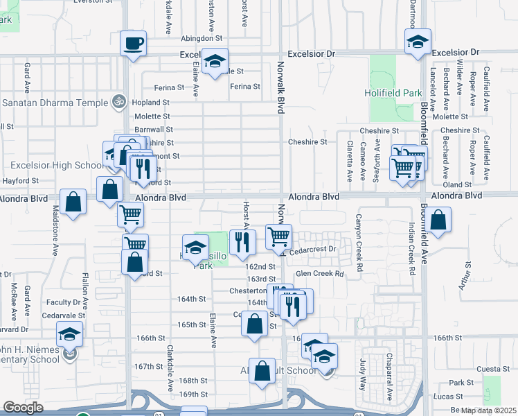 map of restaurants, bars, coffee shops, grocery stores, and more near 12121 Hermosura Street in Norwalk