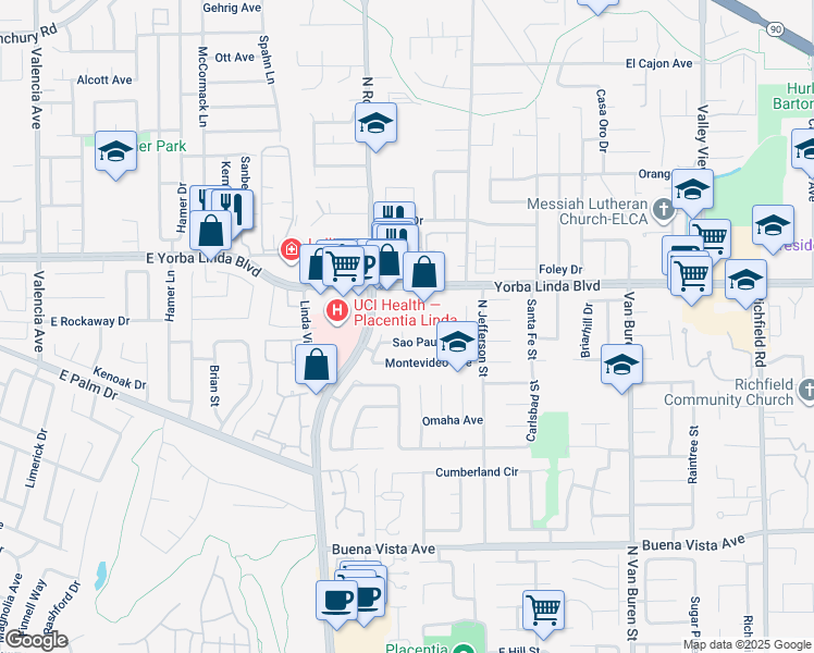 map of restaurants, bars, coffee shops, grocery stores, and more near 1283 Sao Paulo Circle in Placentia