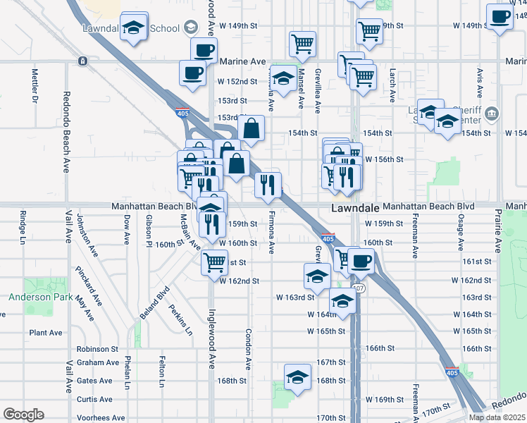 map of restaurants, bars, coffee shops, grocery stores, and more near 4579 West 159th Street in Lawndale