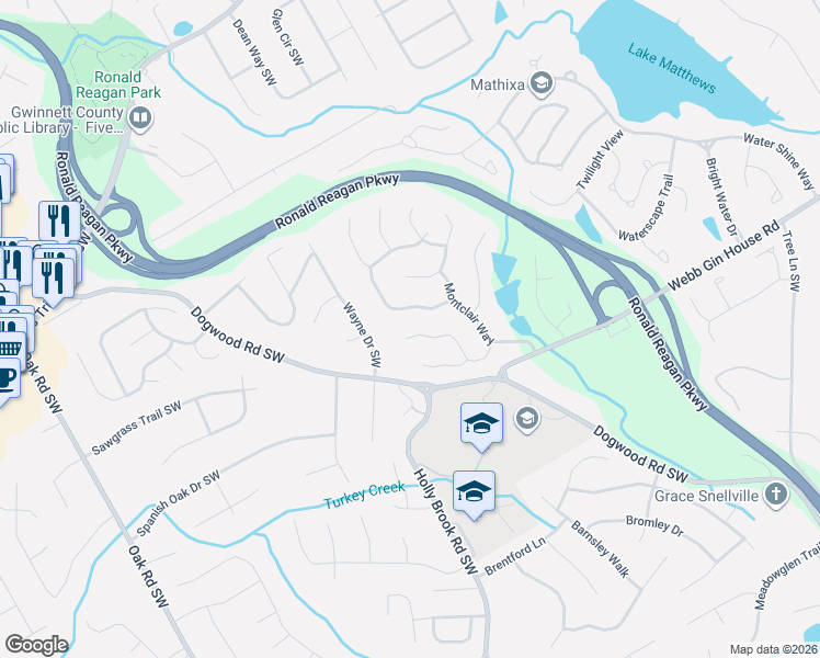 map of restaurants, bars, coffee shops, grocery stores, and more near 2710 Montclair Place in Snellville