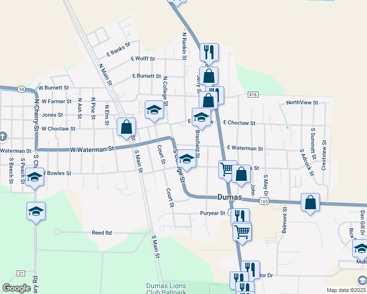 map of restaurants, bars, coffee shops, grocery stores, and more near 213 South College Street in Dumas