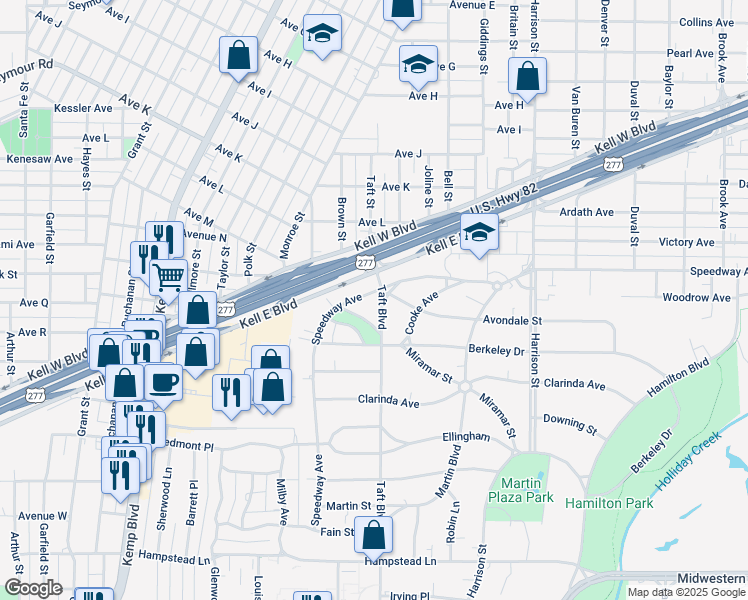 map of restaurants, bars, coffee shops, grocery stores, and more near 2704-2708 Taft Boulevard in Wichita Falls