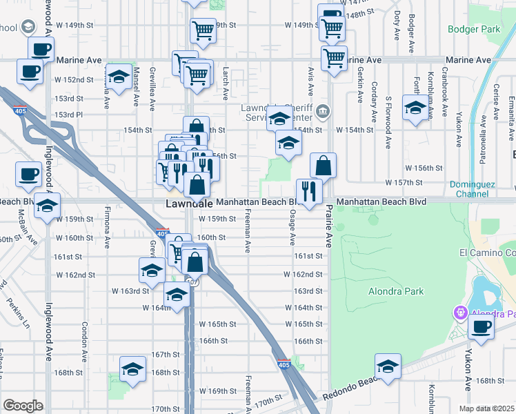 map of restaurants, bars, coffee shops, grocery stores, and more near 4162 Manhattan Beach Boulevard in Lawndale