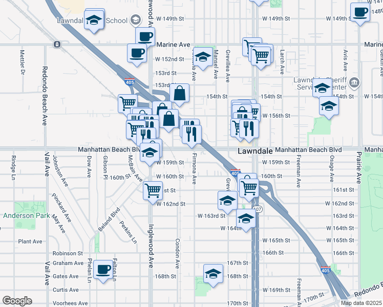map of restaurants, bars, coffee shops, grocery stores, and more near 4612 Manhattan Beach Boulevard in Lawndale