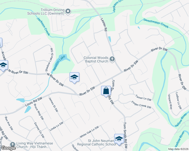 map of restaurants, bars, coffee shops, grocery stores, and more near 391 Brookshire Drive Southwest in Lilburn