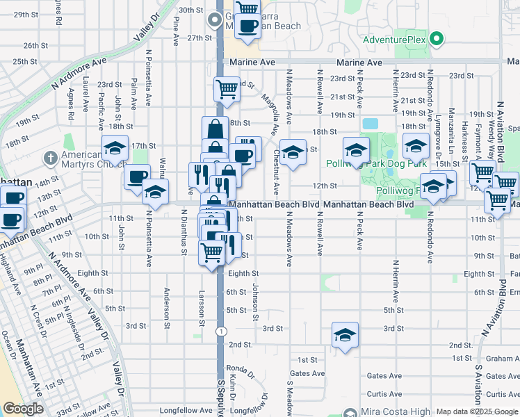 map of restaurants, bars, coffee shops, grocery stores, and more near 1200 Manhattan Beach Boulevard in Manhattan Beach