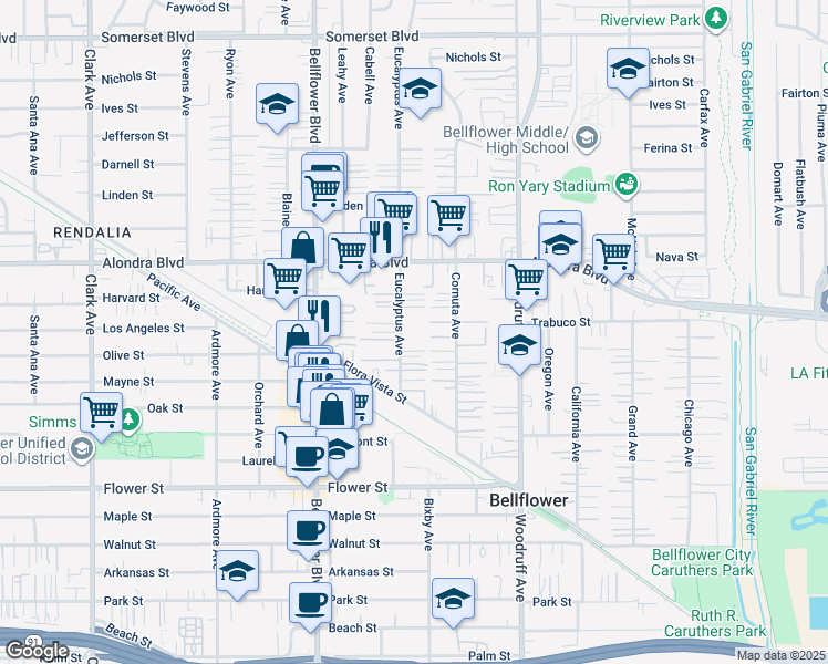 map of restaurants, bars, coffee shops, grocery stores, and more near 16206 Eucalyptus Avenue in Bellflower