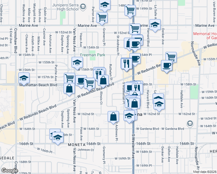 map of restaurants, bars, coffee shops, grocery stores, and more near 15875 Saint Andrews Place in Gardena