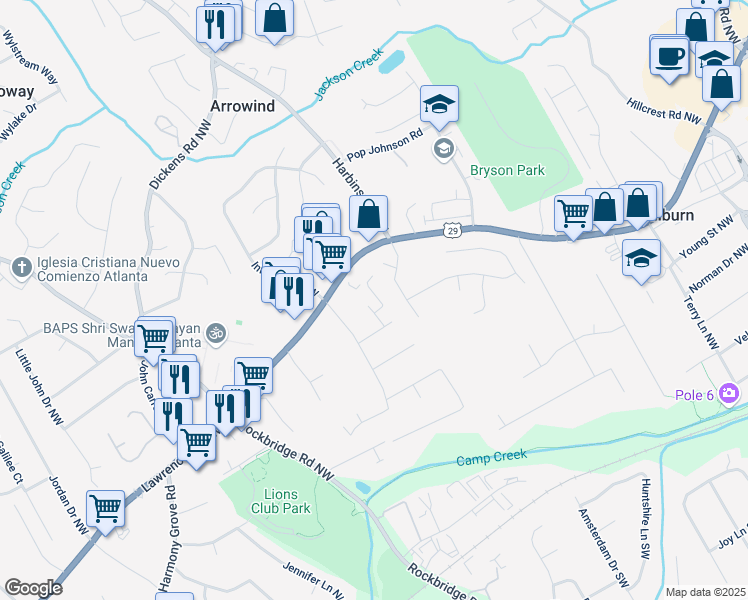 map of restaurants, bars, coffee shops, grocery stores, and more near 360 Rockfern Court in Lilburn