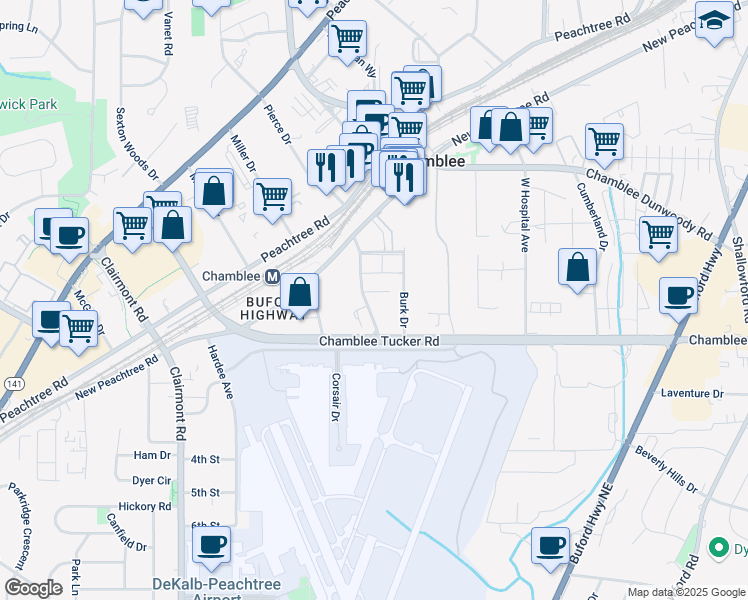 map of restaurants, bars, coffee shops, grocery stores, and more near 3311 Hood Avenue in Chamblee