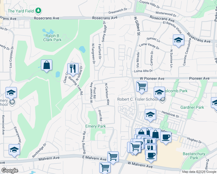 map of restaurants, bars, coffee shops, grocery stores, and more near 2517 Tarrytown Drive in Fullerton