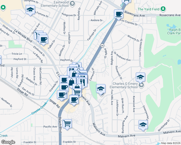 map of restaurants, bars, coffee shops, grocery stores, and more near 5535 Muir Drive in Buena Park