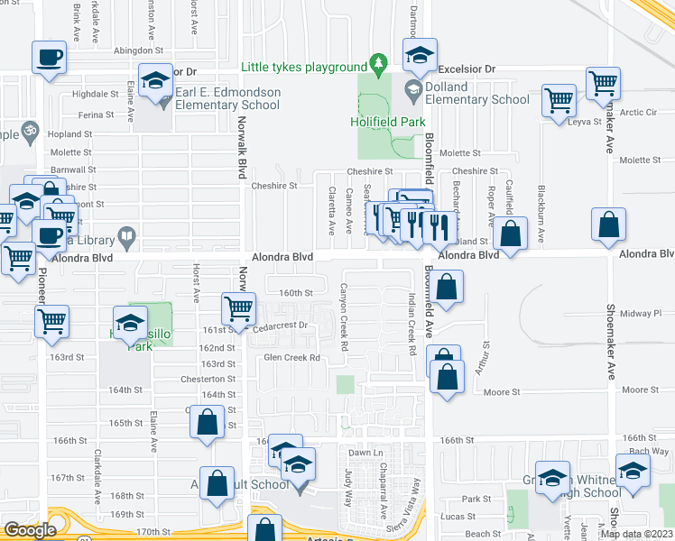map of restaurants, bars, coffee shops, grocery stores, and more near 12419 Cedarcreek Lane in Cerritos
