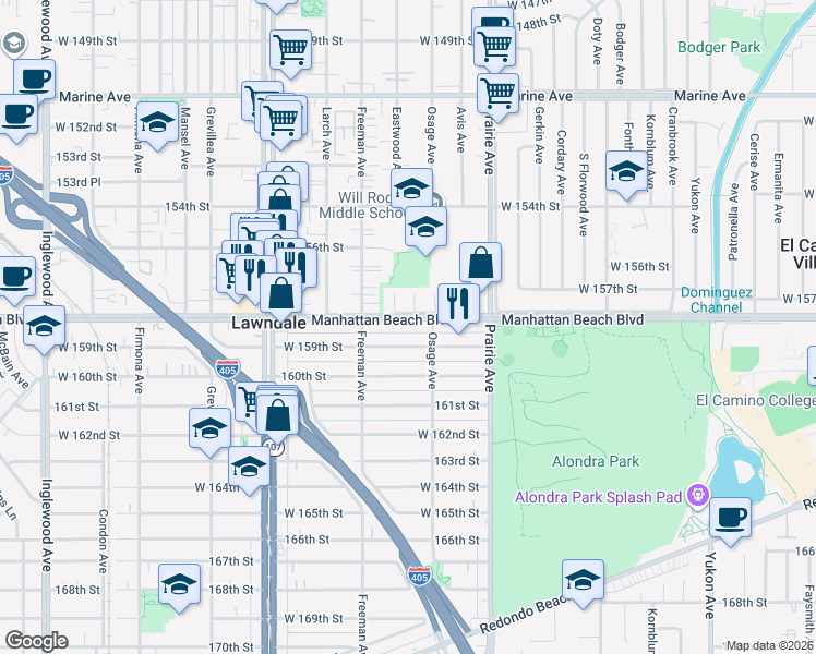 map of restaurants, bars, coffee shops, grocery stores, and more near 4117 159th Street in Lawndale