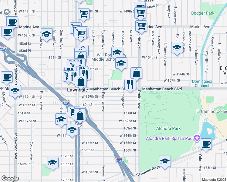 map of restaurants, bars, coffee shops, grocery stores, and more near 4117 159th Street in Lawndale