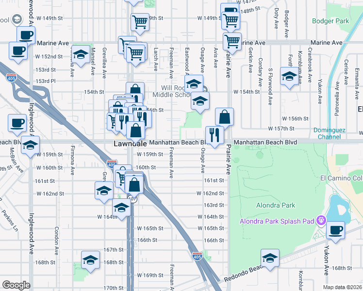 map of restaurants, bars, coffee shops, grocery stores, and more near 4169 159th Street in Lawndale