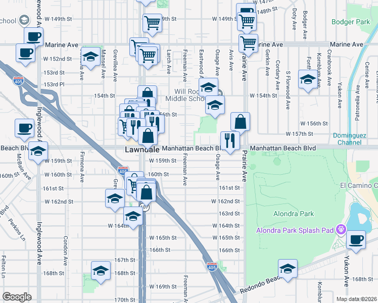 map of restaurants, bars, coffee shops, grocery stores, and more near 4169 159th Street in Lawndale