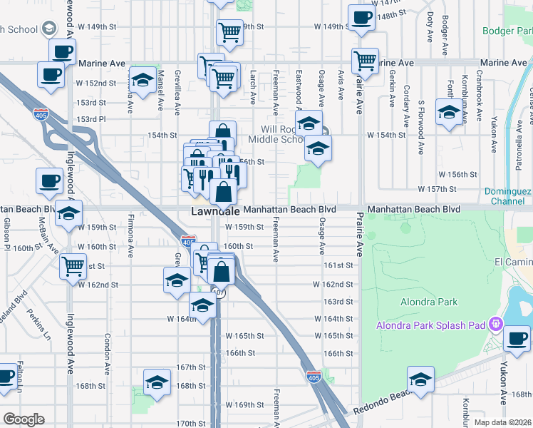 map of restaurants, bars, coffee shops, grocery stores, and more near 4233 West 159th Street in Lawndale