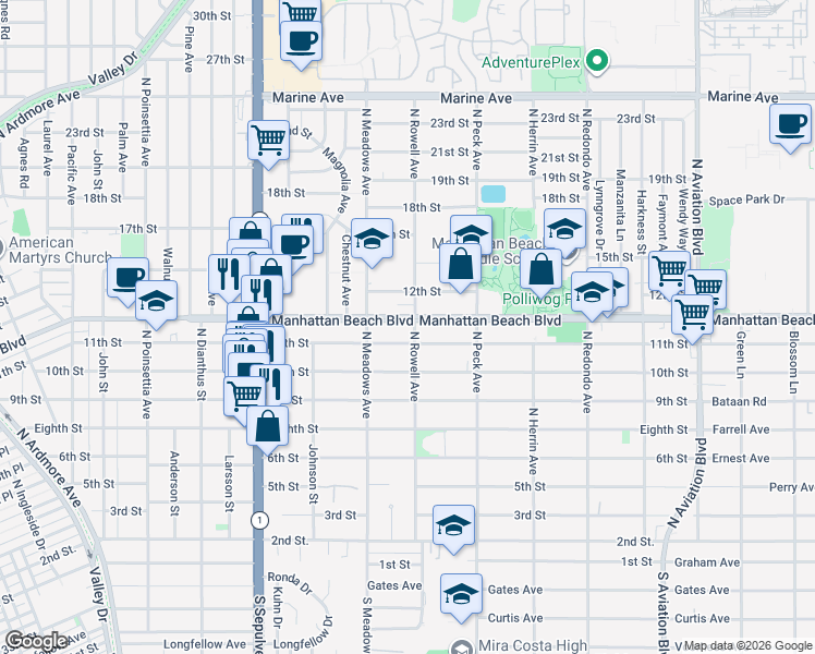 map of restaurants, bars, coffee shops, grocery stores, and more near 1331 11th Street in Manhattan Beach