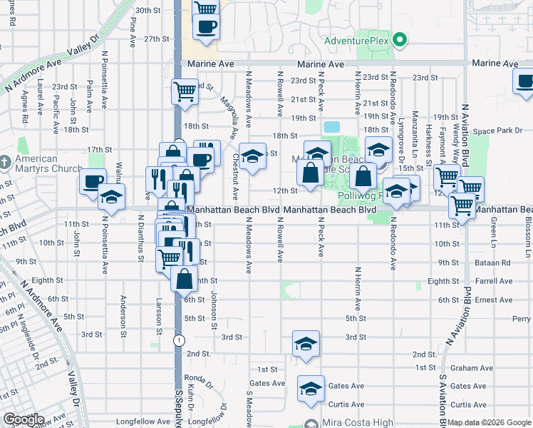 map of restaurants, bars, coffee shops, grocery stores, and more near 1331 11th Street in Manhattan Beach