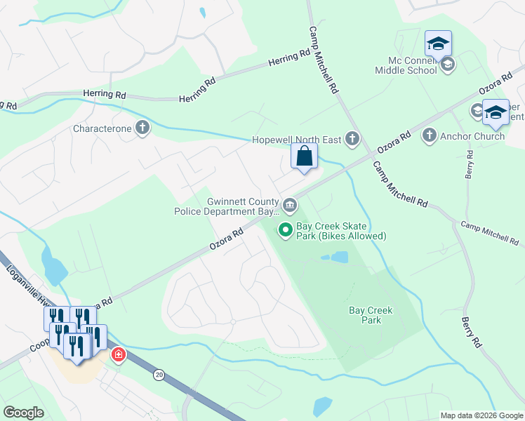 map of restaurants, bars, coffee shops, grocery stores, and more near 143 Ozora Road in Loganville