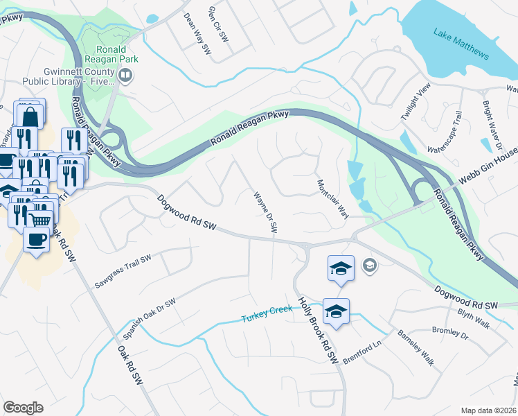 map of restaurants, bars, coffee shops, grocery stores, and more near 1097 Wayne Drive Southwest in Snellville