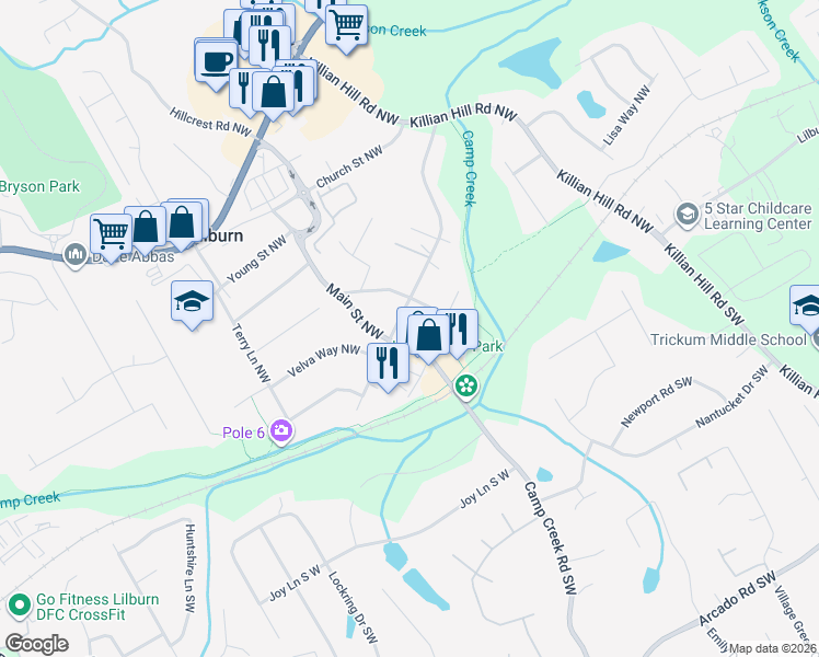 map of restaurants, bars, coffee shops, grocery stores, and more near 96 Main Street Northwest in Lilburn