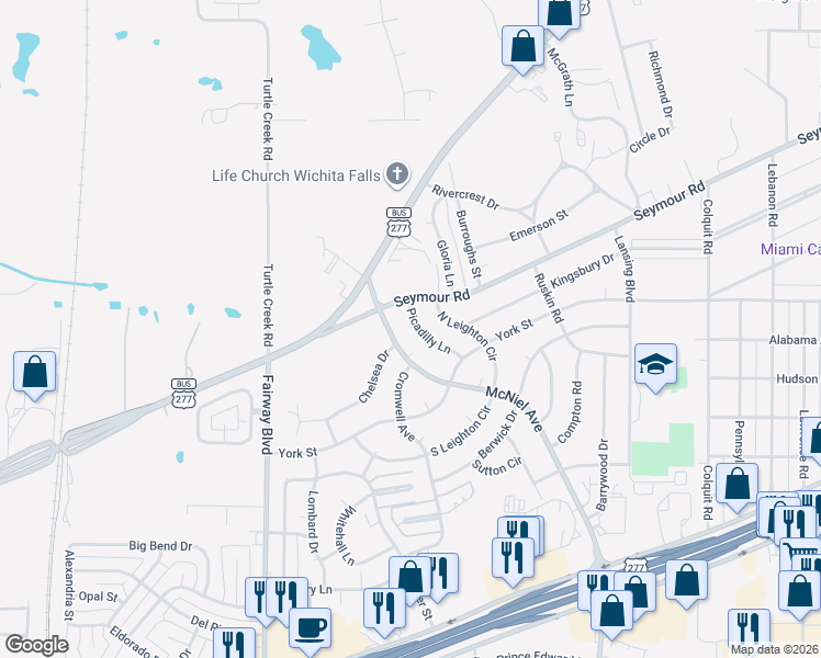 map of restaurants, bars, coffee shops, grocery stores, and more near 2414 Picadilly Lane in Wichita Falls
