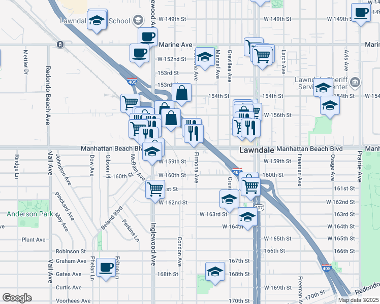 map of restaurants, bars, coffee shops, grocery stores, and more near 4612 Manhattan Beach Boulevard in Lawndale
